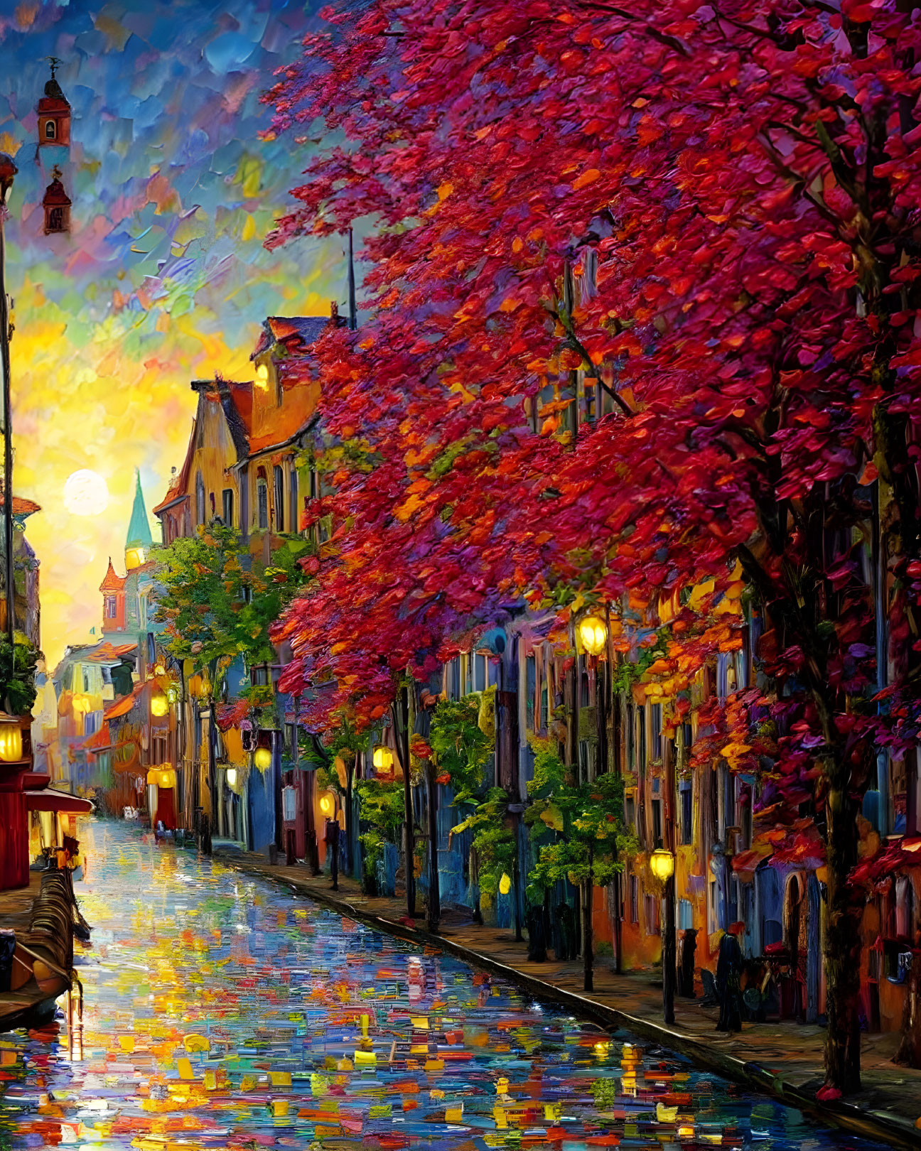 Colorful night scene: radiant trees and shimmering reflections on wet cobblestones