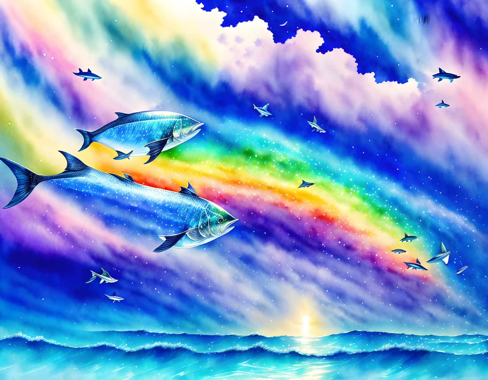 Colorful fish flying over ocean with rainbow and sky.