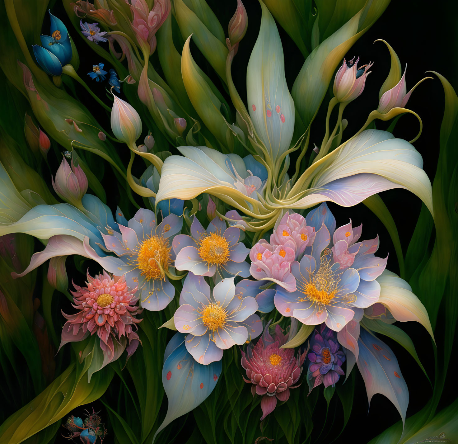 Detailed digital painting of blooming flowers against dark backdrop with blue butterflies