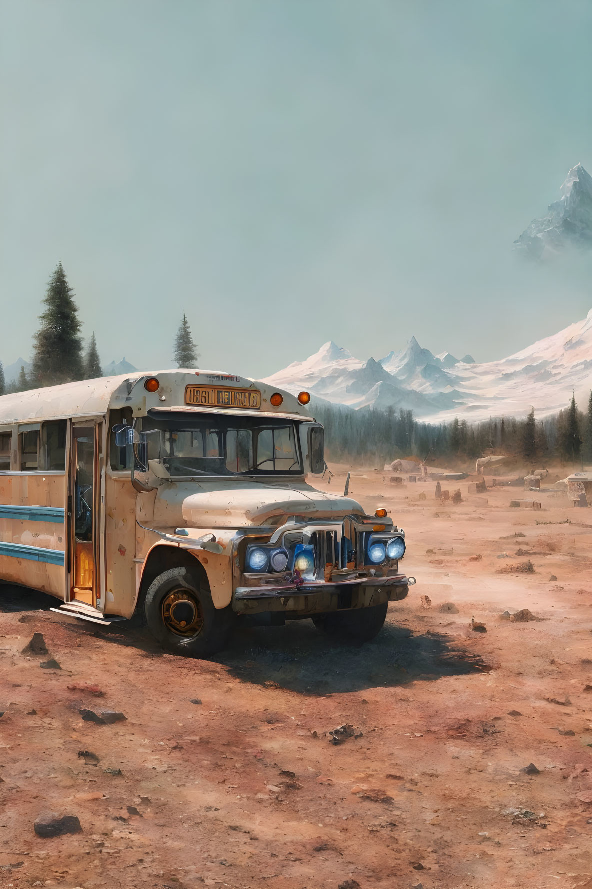 Abandoned yellow school bus in dusty landscape with mountains.