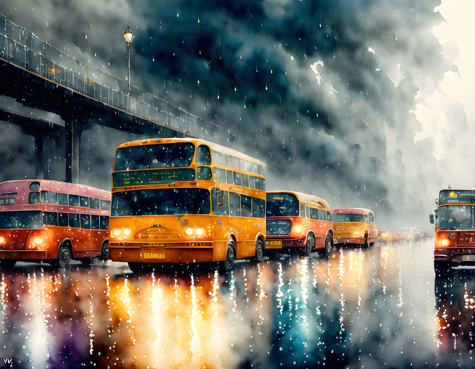 Vintage Buses in Rainy Street Scene with Reflections