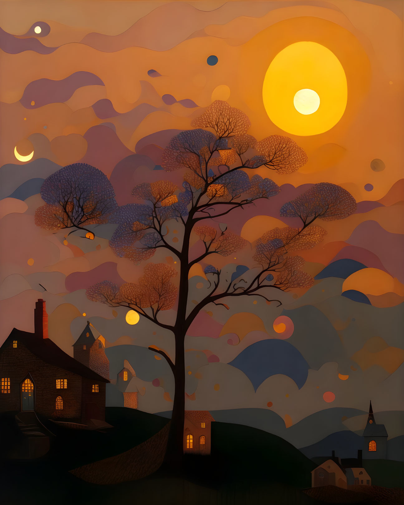 Colorful sunset scene with tree, hills, houses, moons, and suns