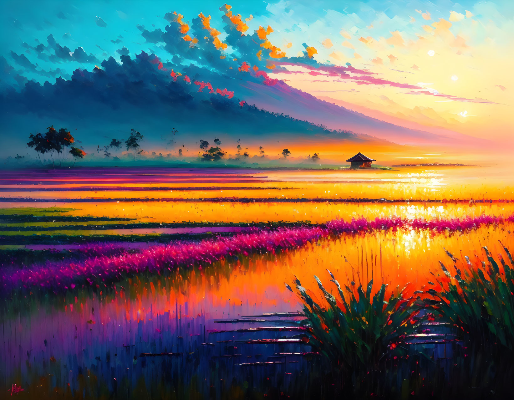 Colorful sunset digital painting with flower-filled field, house, and mountains under cloud-streaked sky