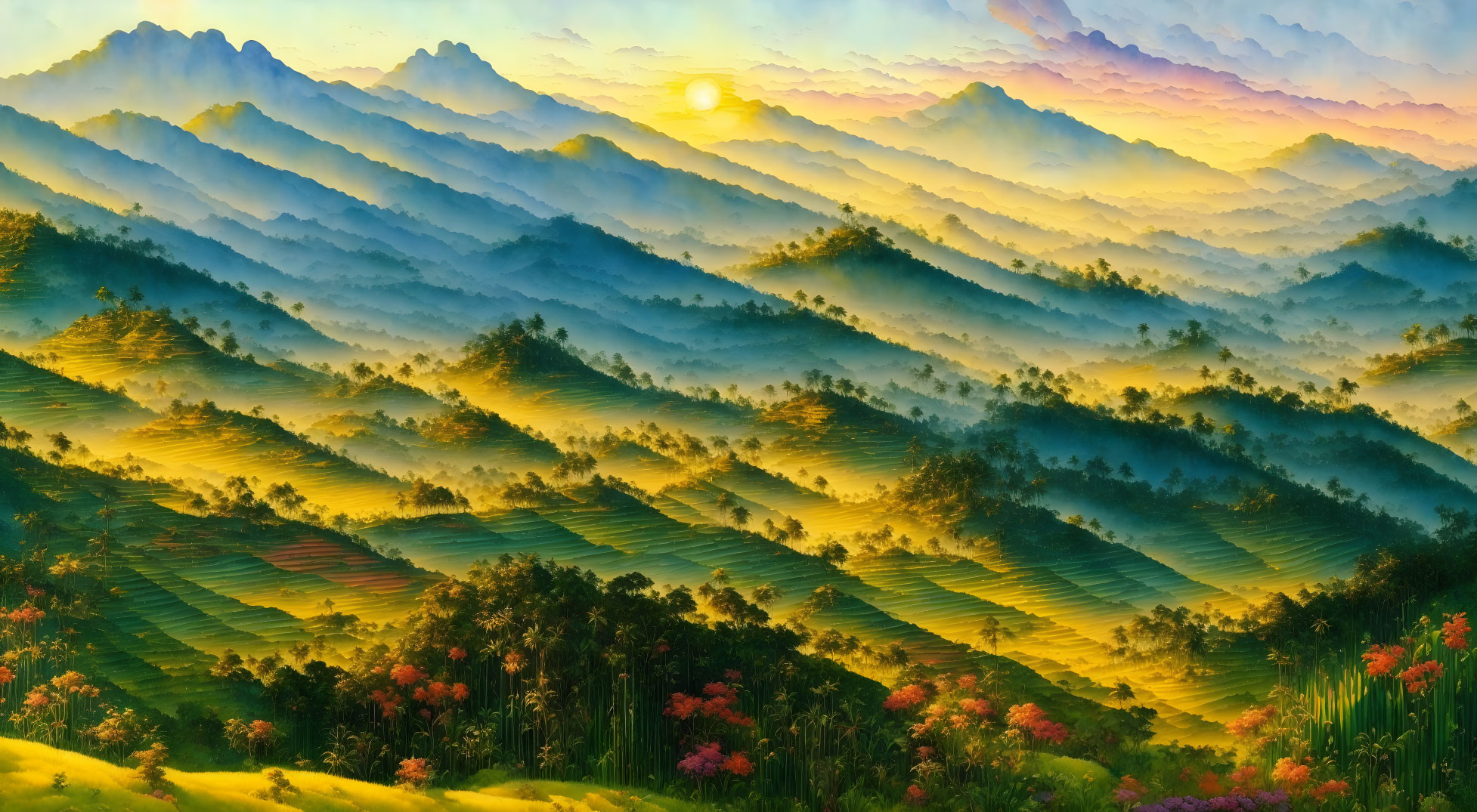 Colorful Sunrise Landscape with Hills, Terraced Fields, and Flora