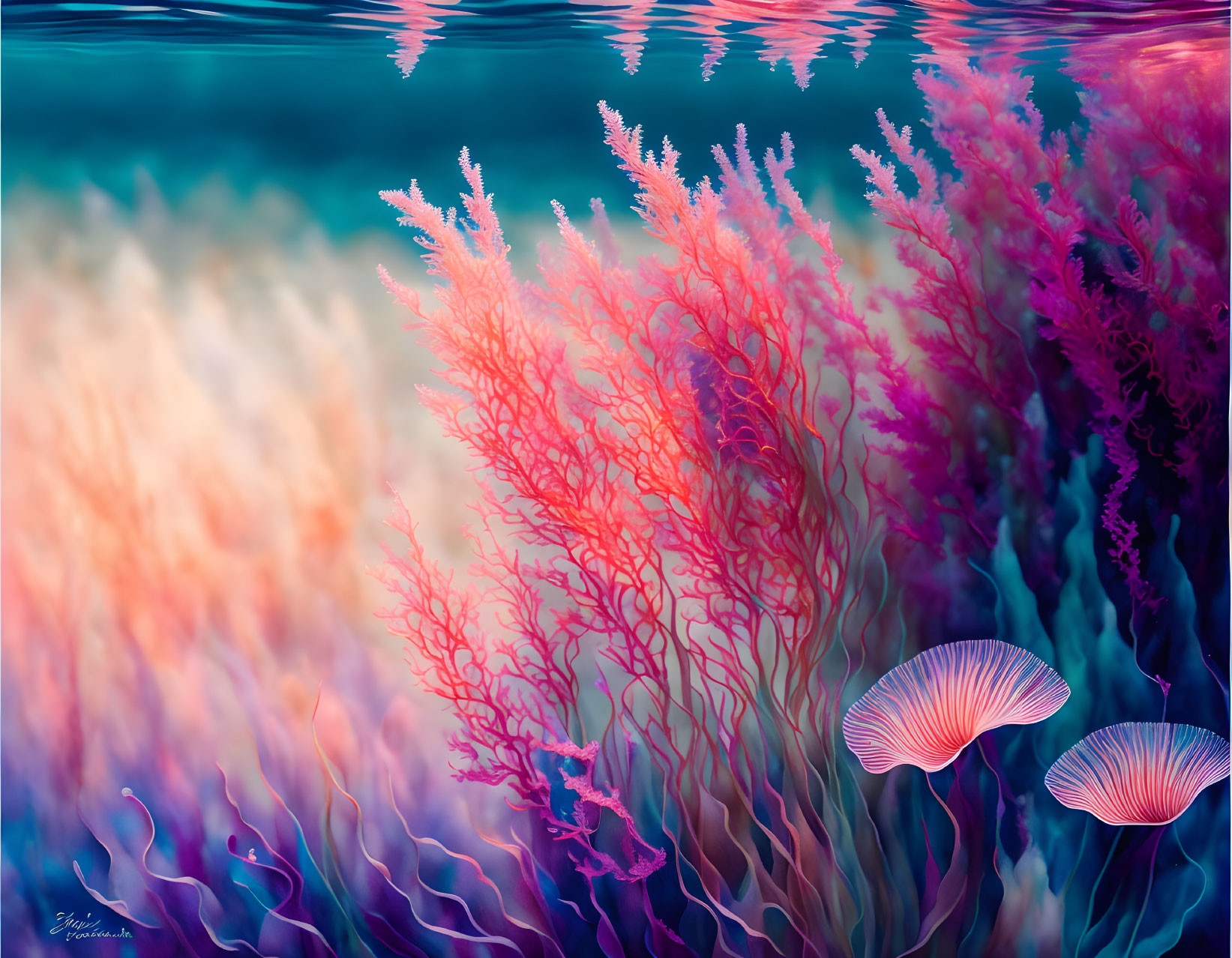 Vibrant Pink Corals and Jellyfish in Colorful Underwater Scene