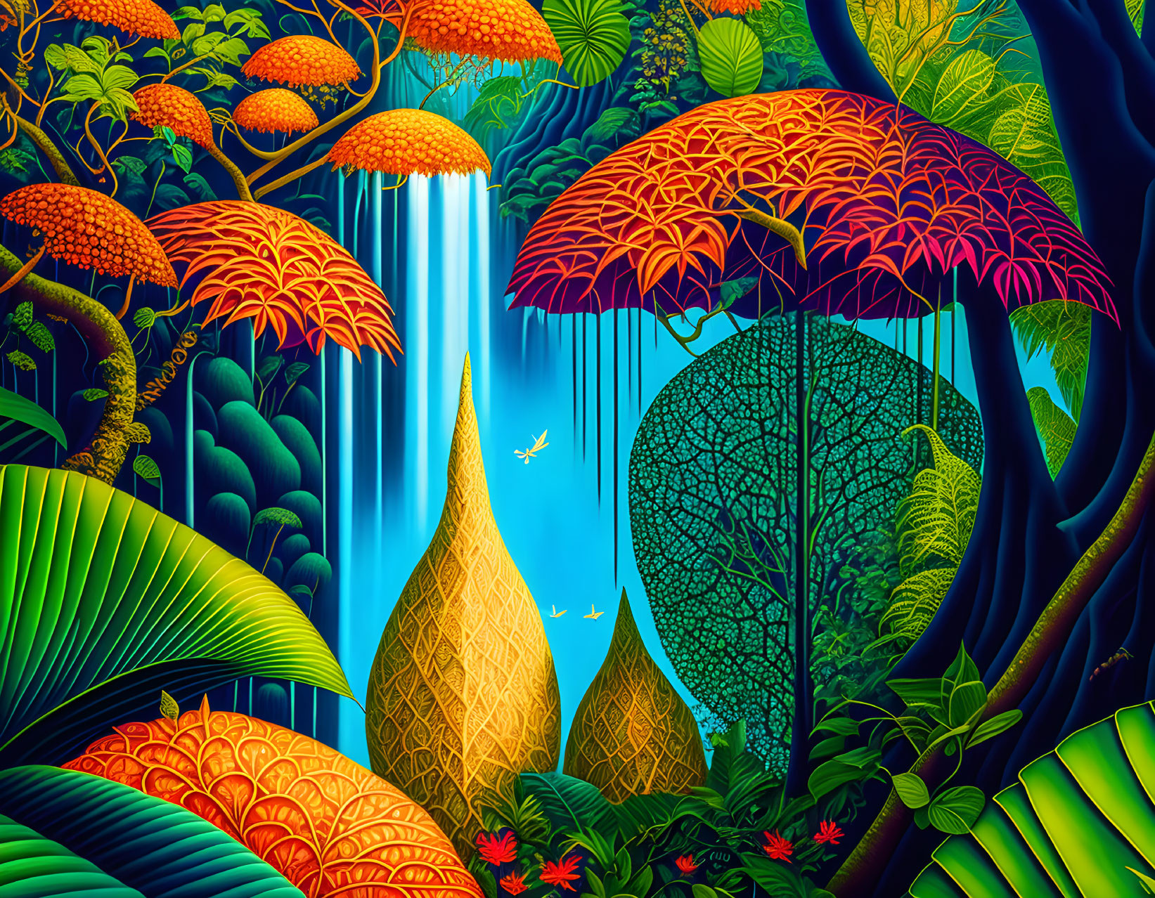 Colorful jungle scene with waterfall and birds in vibrant artwork