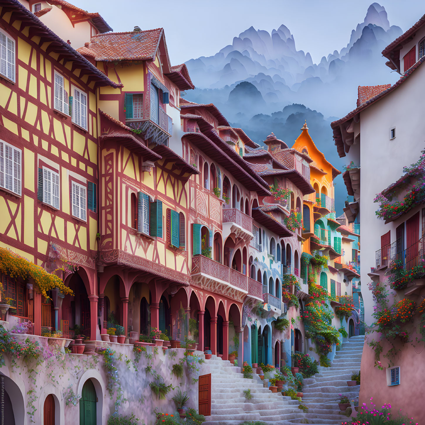 Picturesque European Village with Colorful Half-Timbered Houses