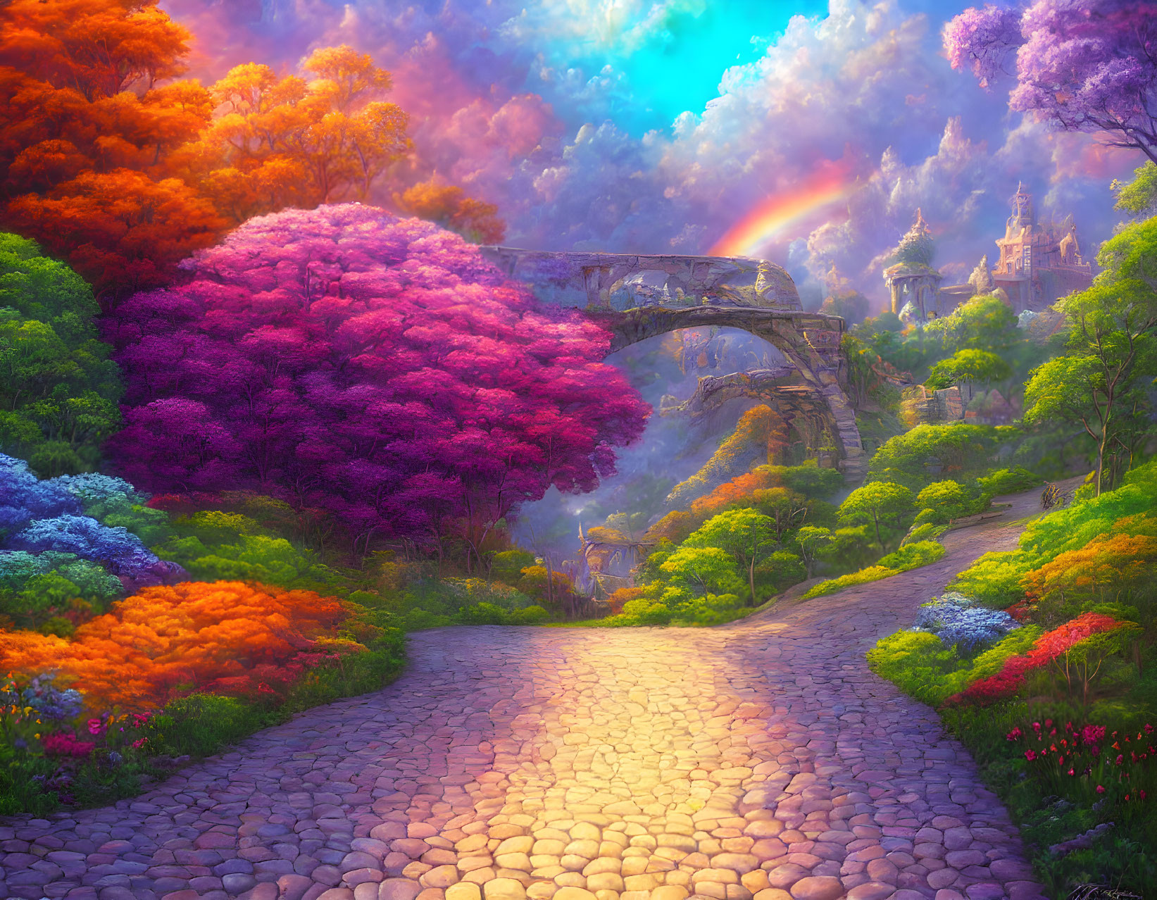 Colorful fantasy landscape with cobblestone pathway, stone bridge, trees, flowers, rainbow, and