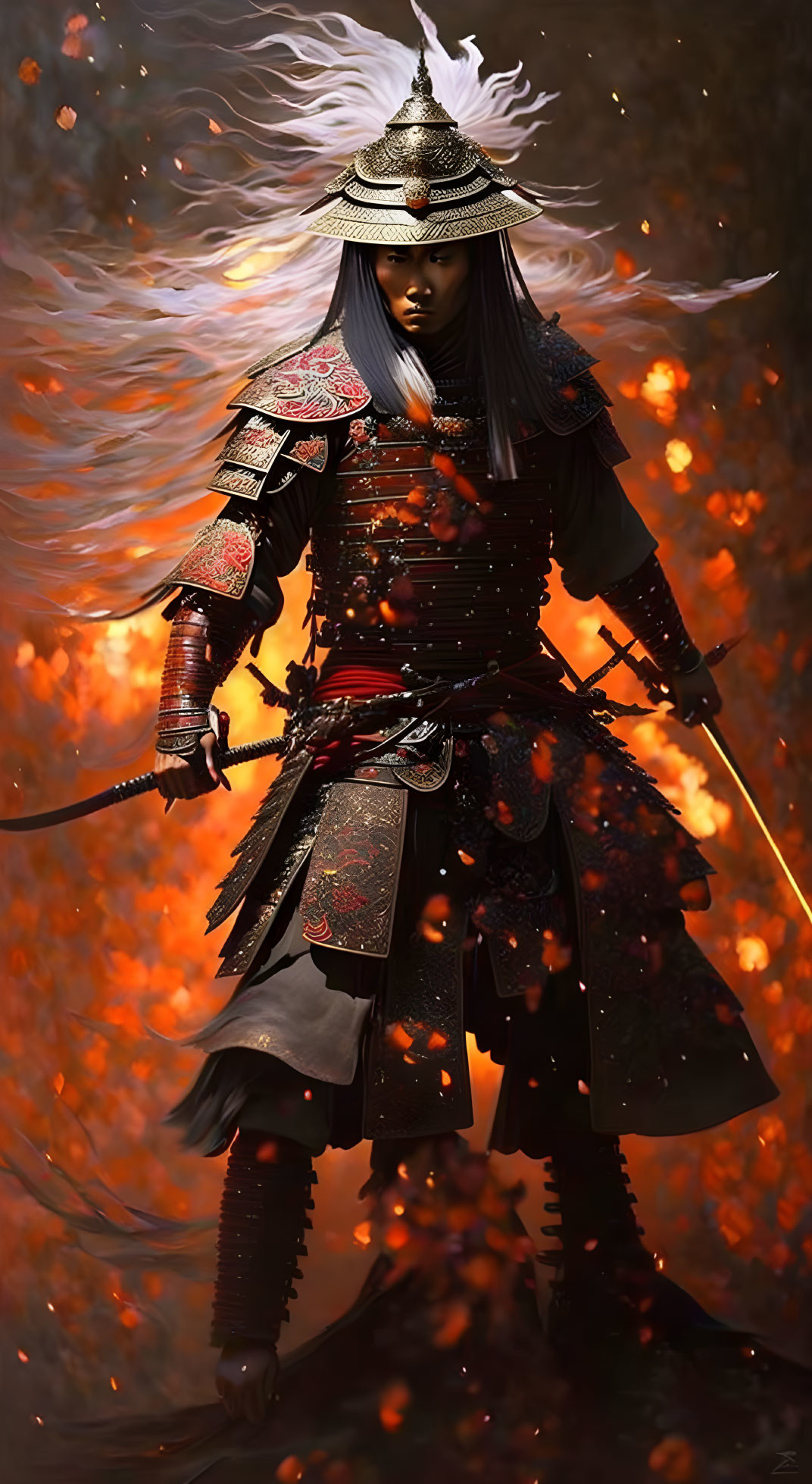 Illustrated warrior in samurai armor wields katana amid swirling flames