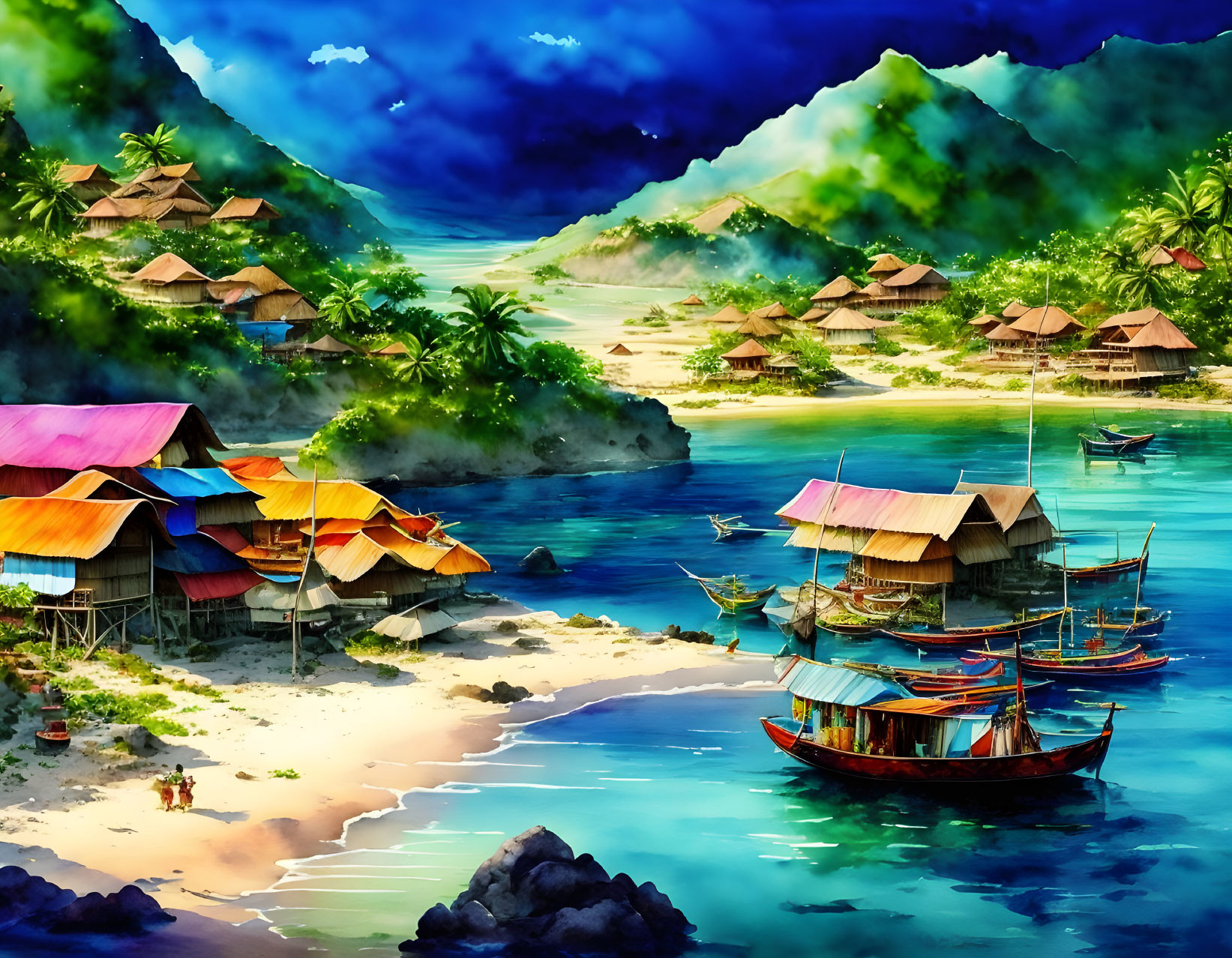 Tropical beach scene with thatched houses, colorful boats, and lush mountains