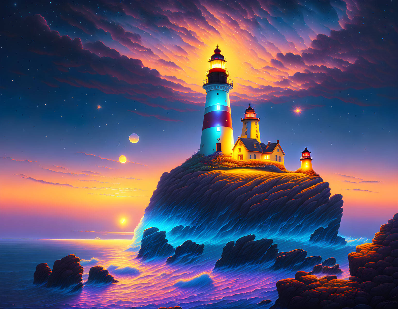 Lighthouse on Cliff at Twilight with Multiple Moons