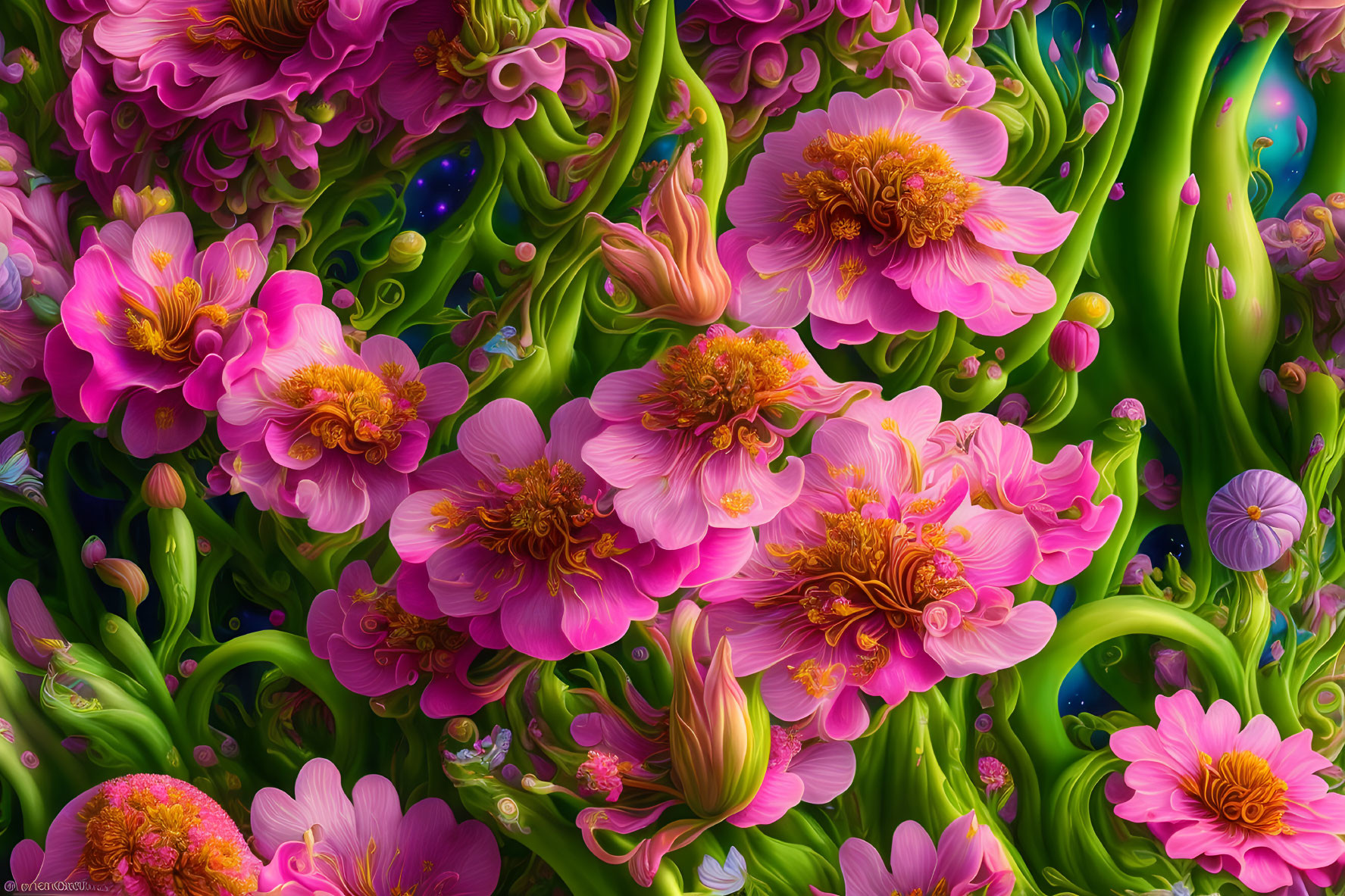 Colorful digital artwork: Pink flowers in fantasy landscape