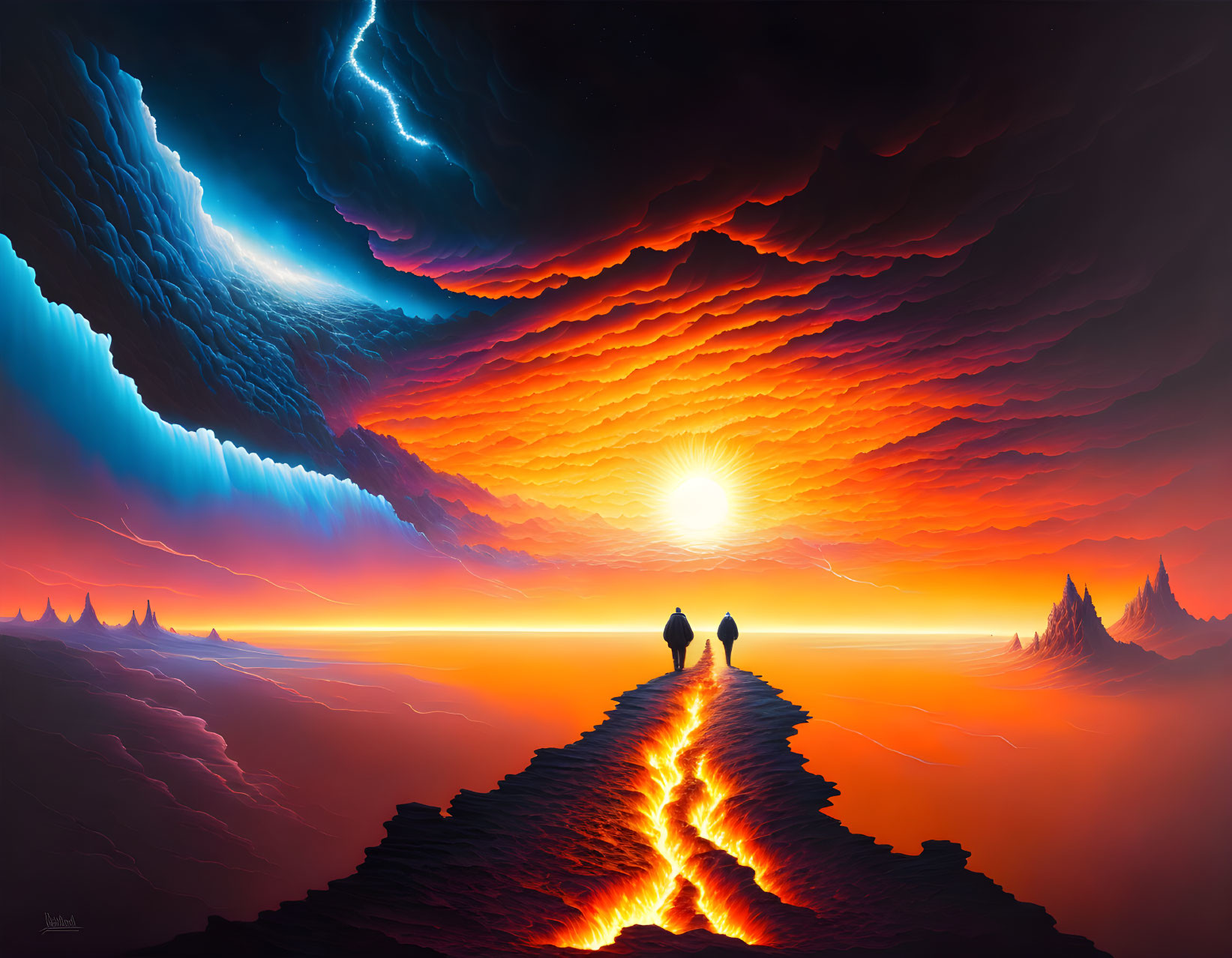 Silhouetted figures on fiery path amid molten landscapes under dramatic sky