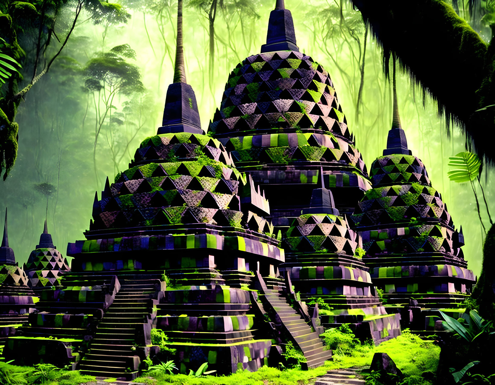 Ancient temple with tiered pyramids in misty green forest