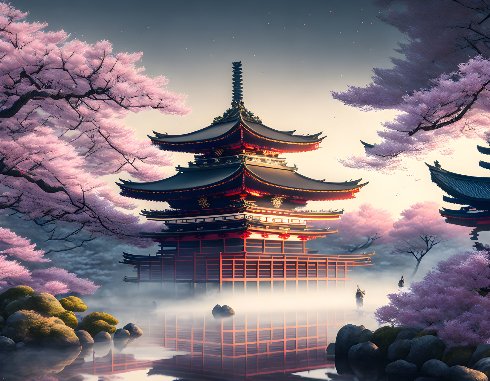 Tranquil twilight view of pagoda and cherry blossoms by water