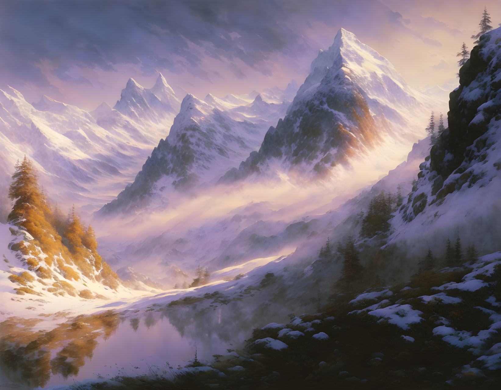 Serene mountain landscape with snowy peaks, tranquil lake, autumn-winter transition