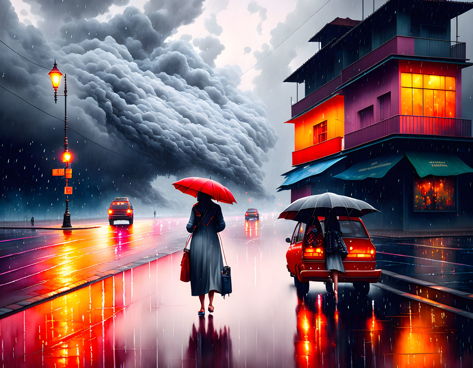 Person with red umbrella on wet street at night with neon-lit buildings