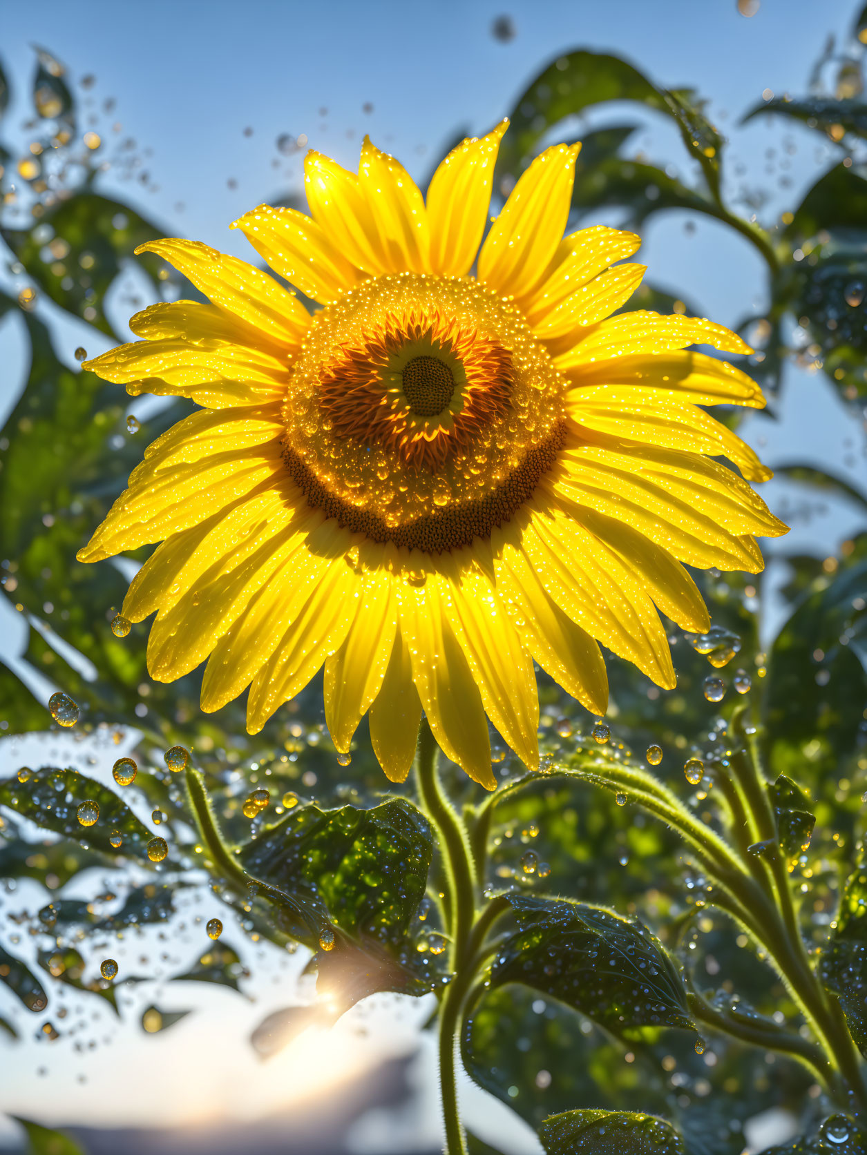 Sunflower with dewdrops on bright petals under clear blue sky