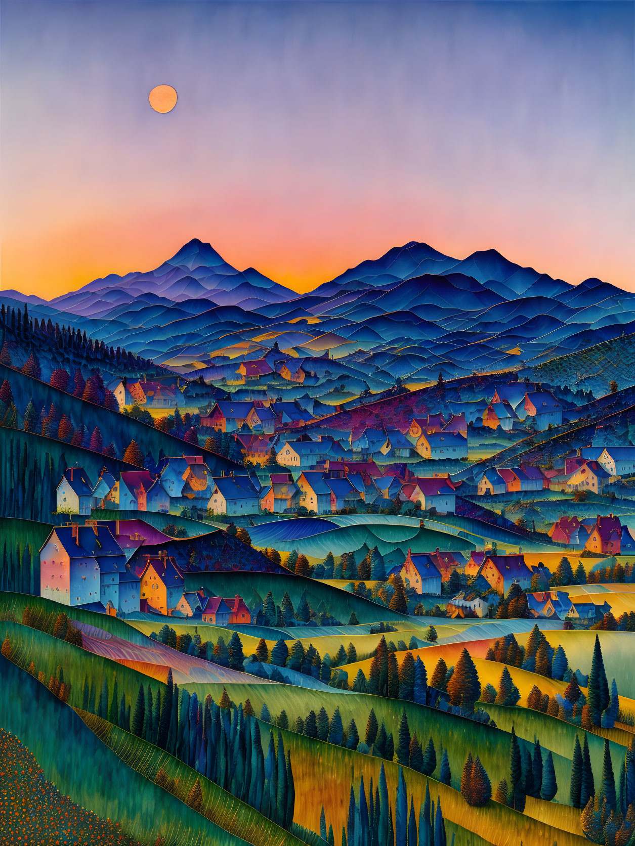 Colorful village painting with layered mountains and sunset sky