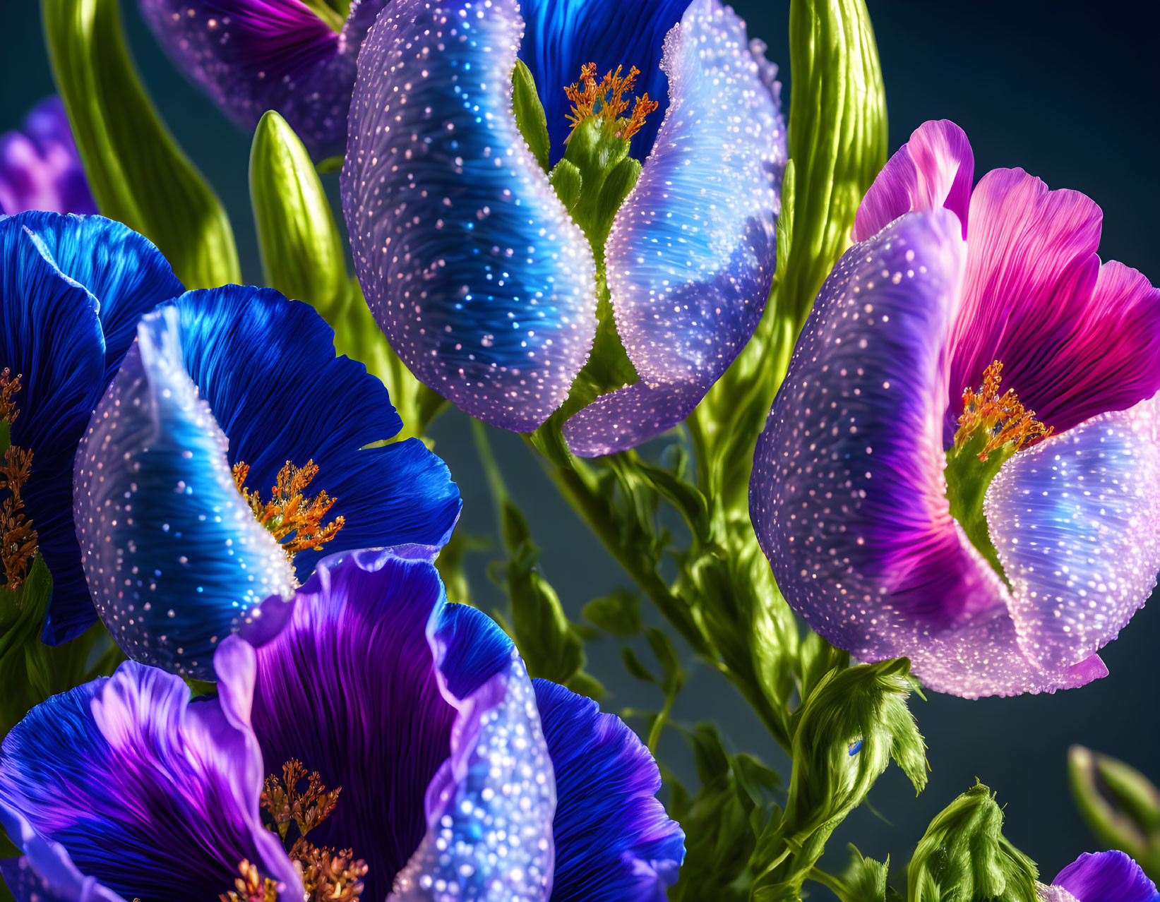 Colorful flowers with dewdrops: blue and pink petals, striking stamens on dark backdrop