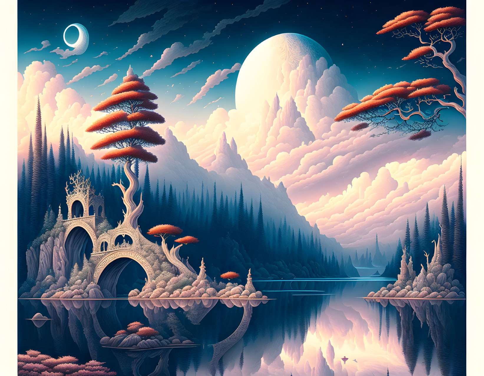 Fantasy landscape with stone bridge, unique trees, large moon, and tranquil lake.