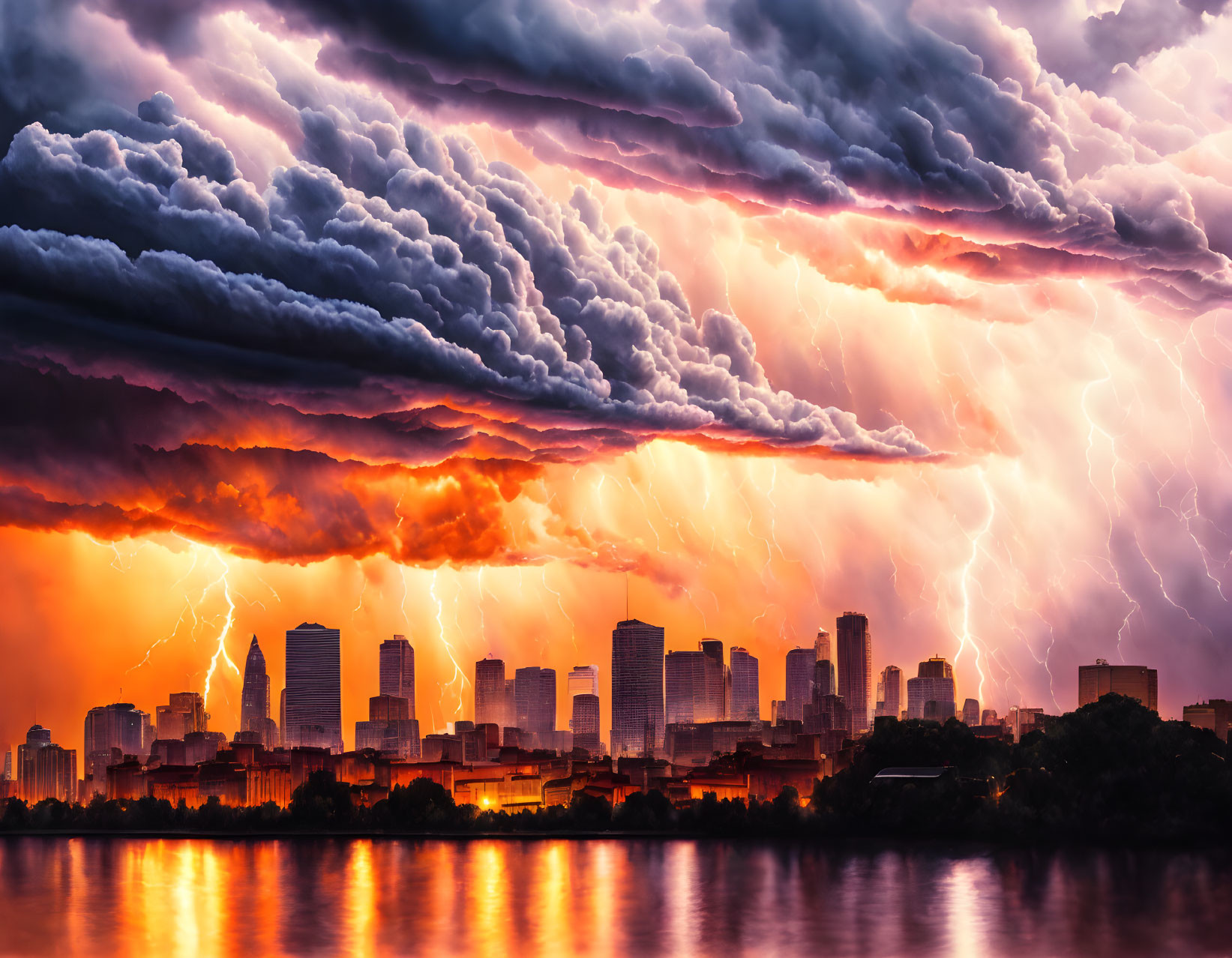 Dramatic cityscape with vibrant lightning strikes at twilight