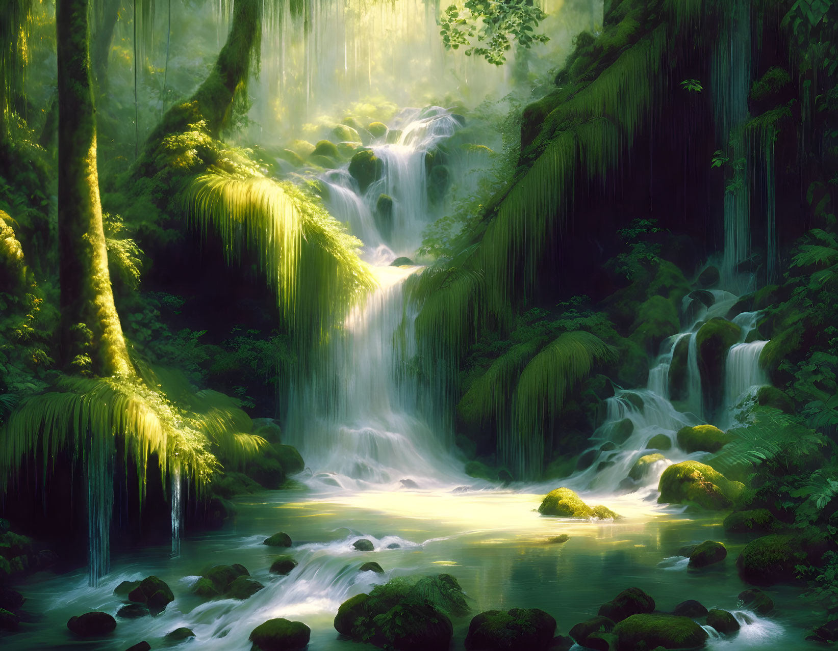 Sunlit waterfall in misty forest with hanging ferns and moss-covered rocks