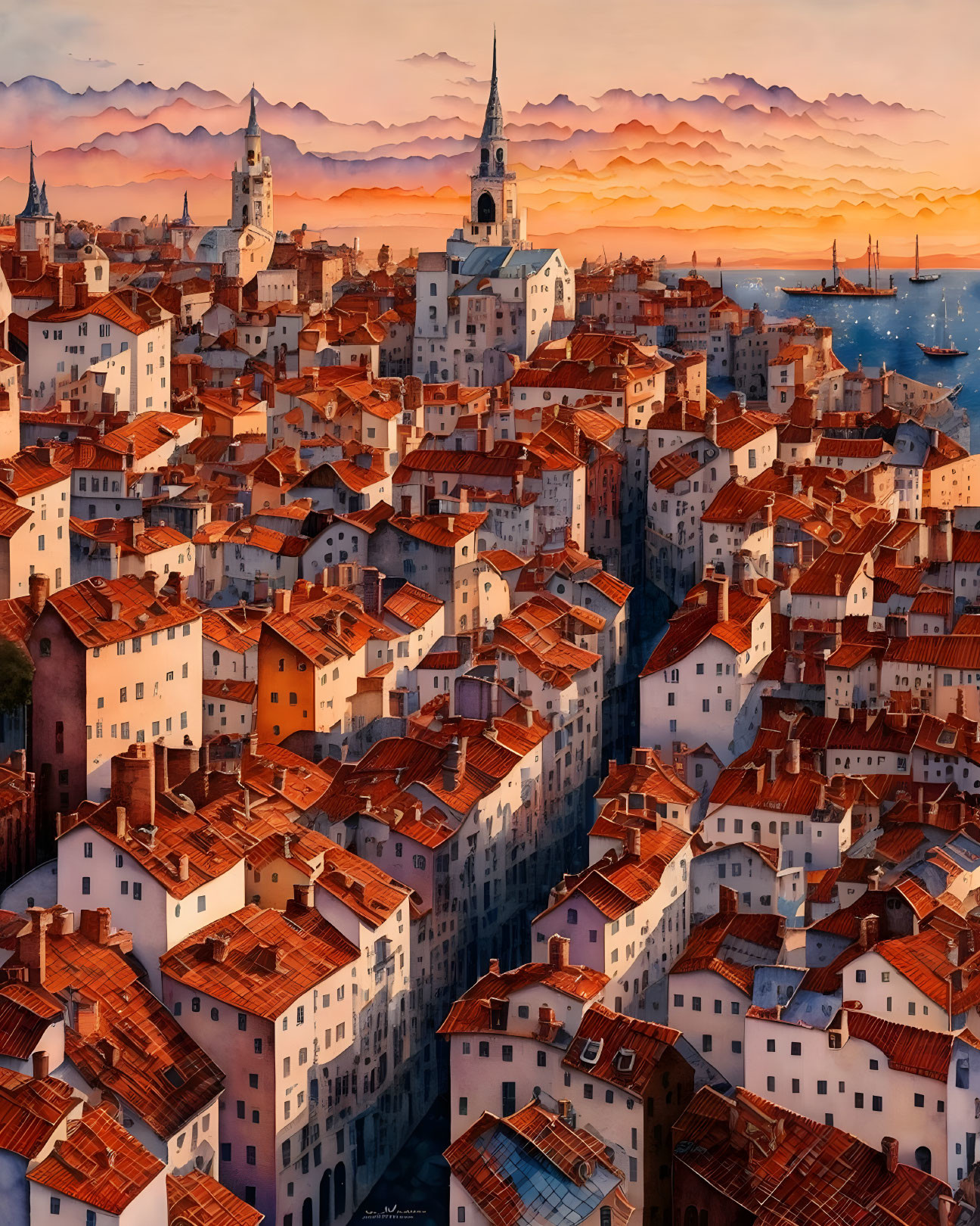 Coastal City Sunset: Orange Rooftops, Church Spires, Mountains