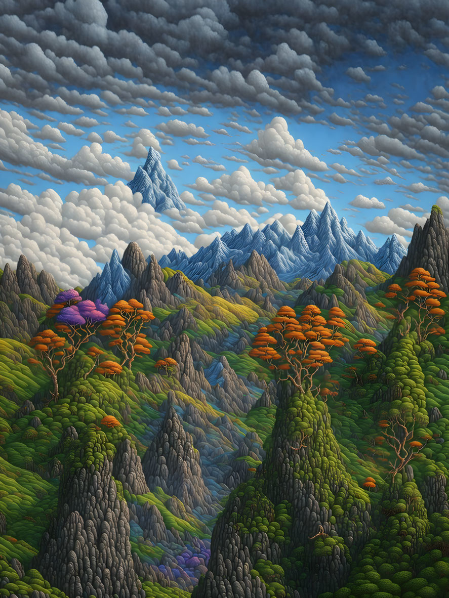 Scenic artwork: rolling hills, dense forests, snow-capped mountains