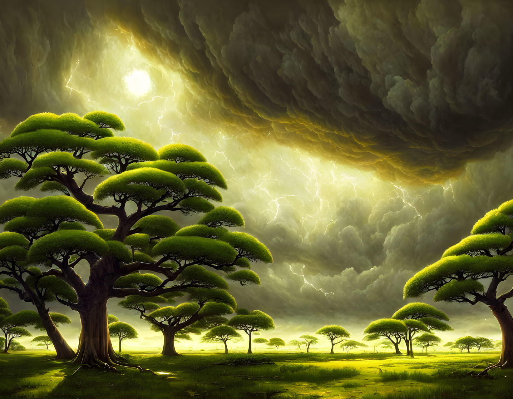 Stormy Sky Over Sunlit Savannah with Acacia Trees