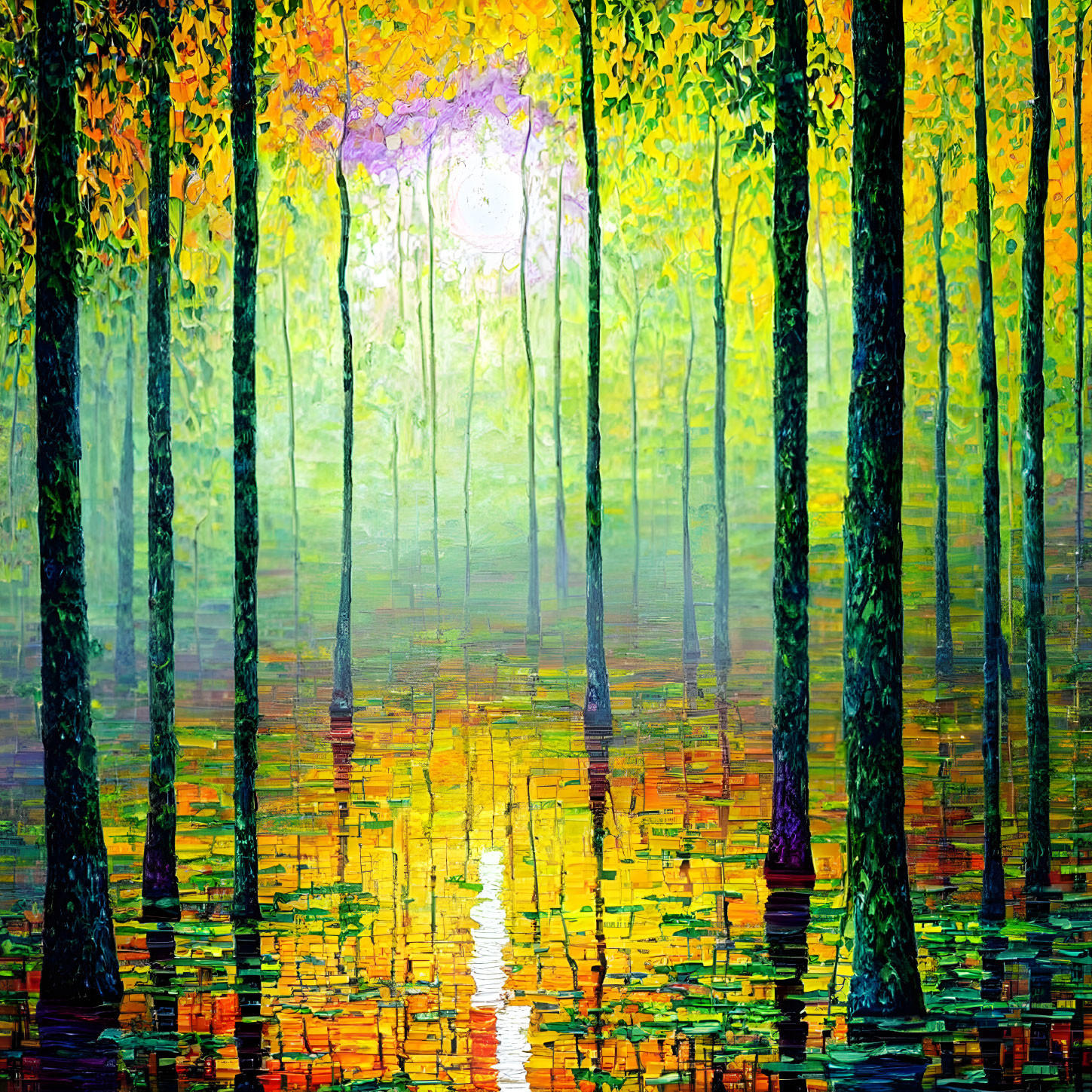 Sunlit Forest Painting with Thick Trunks and Colorful Palette