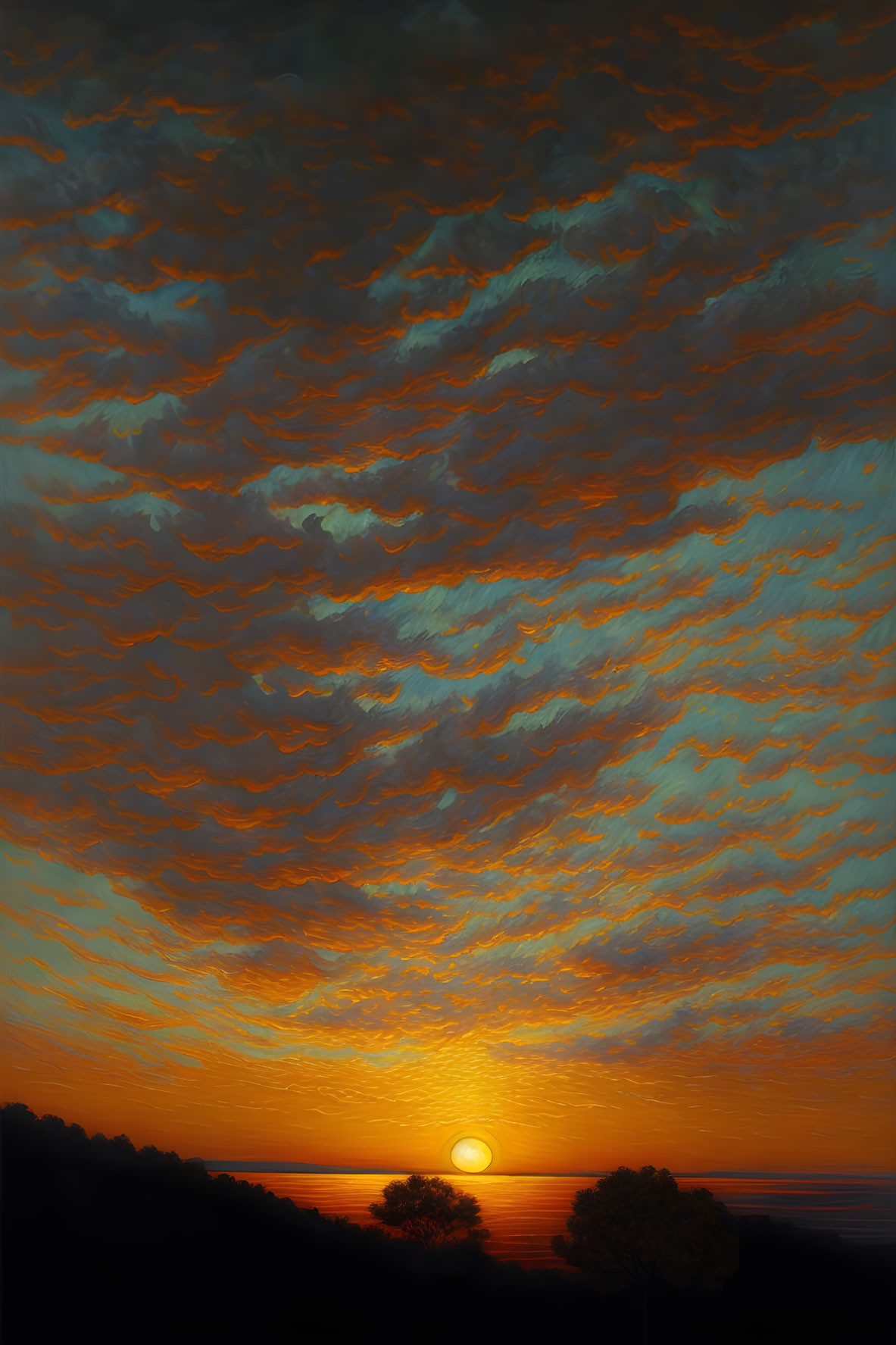 Vivid Orange Sunset Sky with Silhouetted Foliage