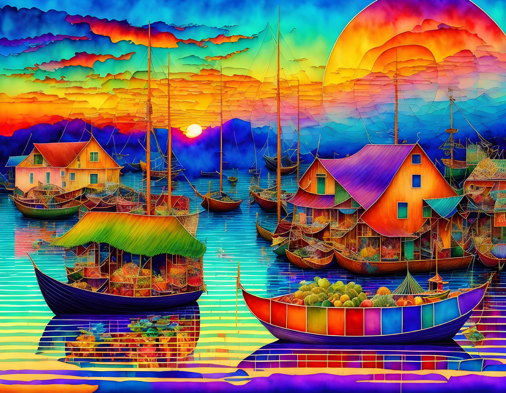 Colorful Artwork: Whimsical Waterfront Scene with Sunset Sky