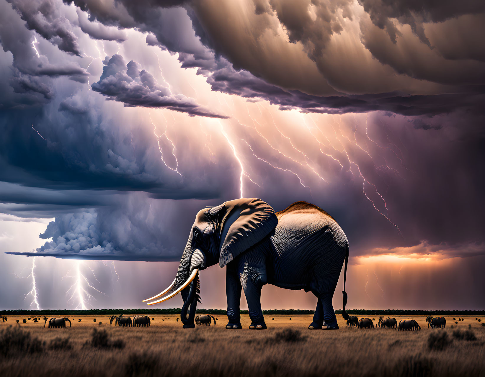 Majestic elephant with large tusks in savannah storm.