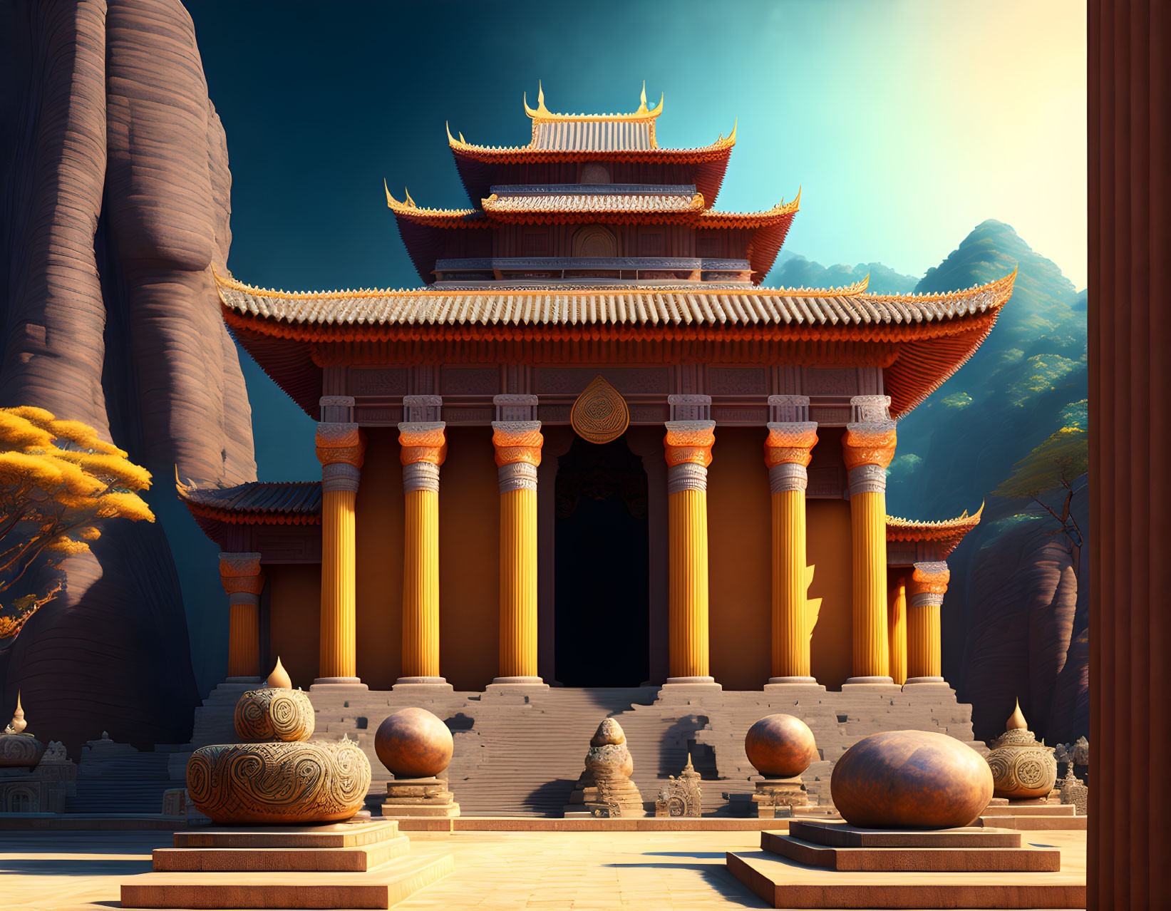 Ancient temple with red roofs, pillars, spheres, and mountain backdrop