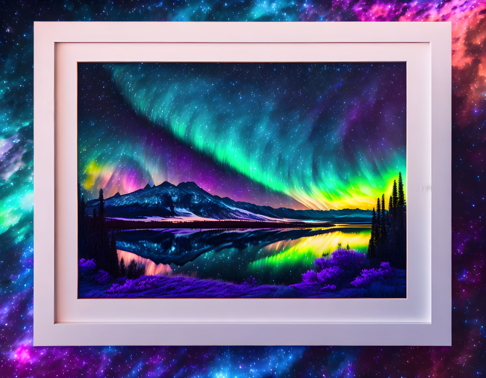 Colorful Aurora Over Mountain Landscape in Framed Artwork