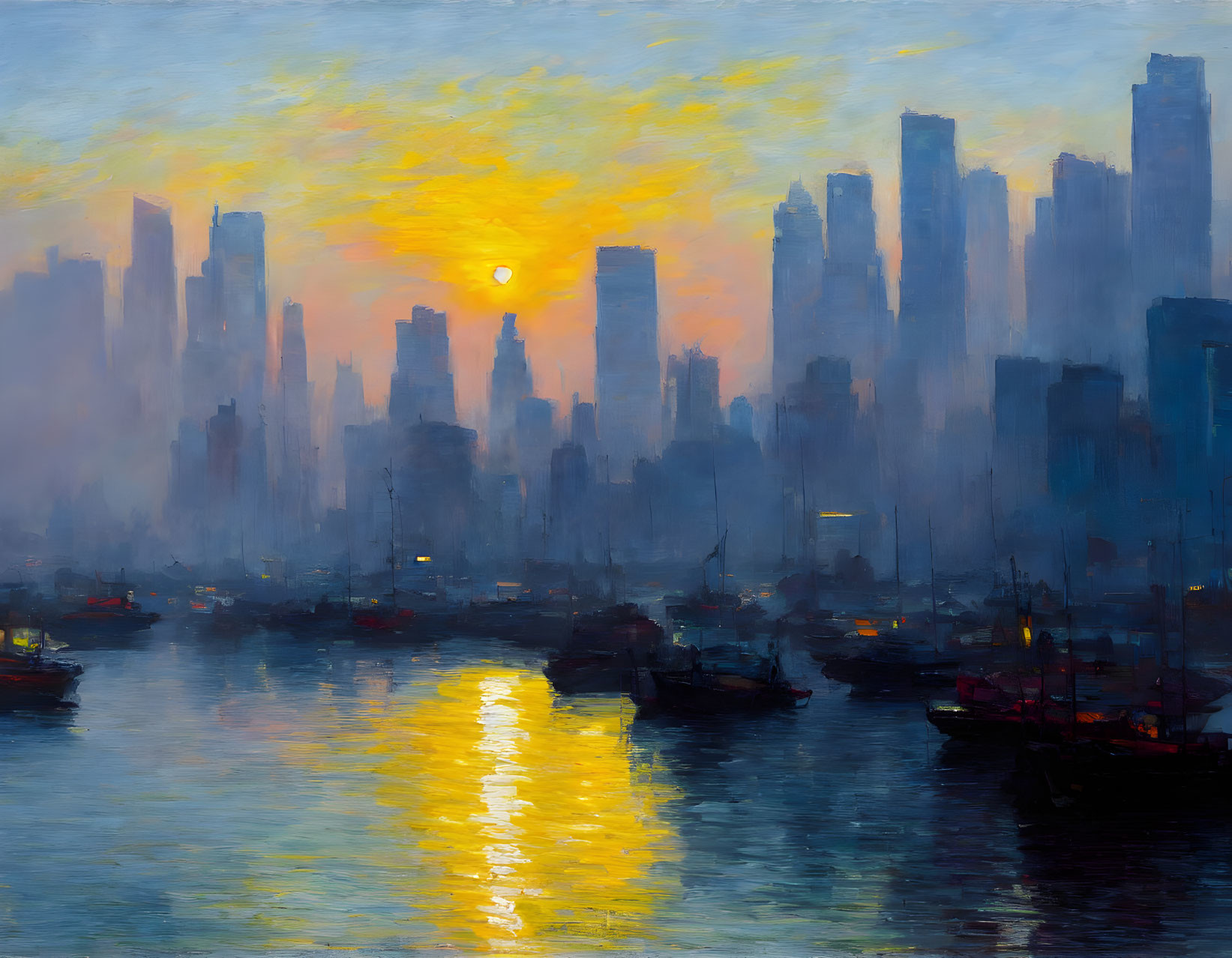 City skyline painting at sunset with sun reflection on water and boat silhouettes.