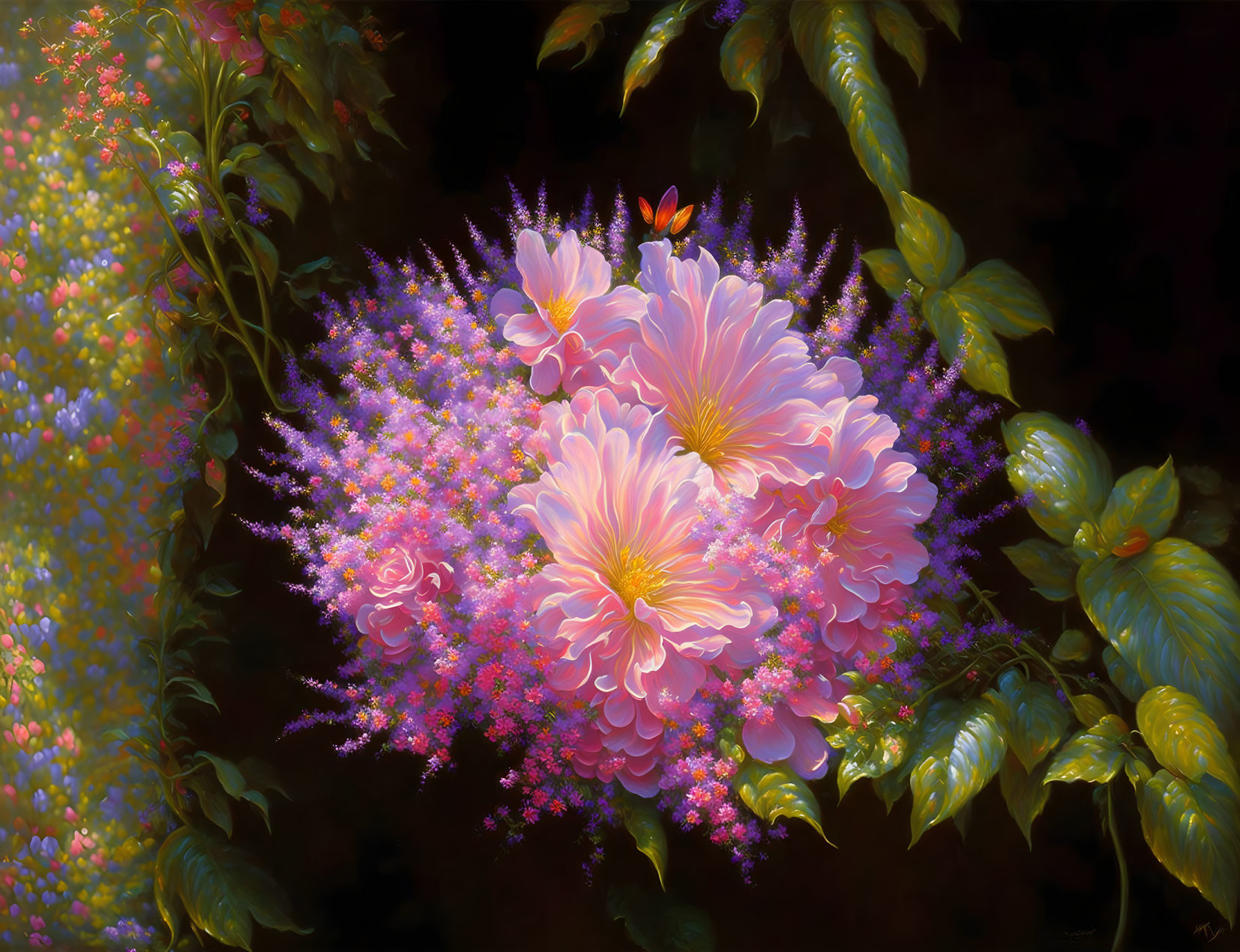 Pink and White Flowers with Butterfly on Dark Background