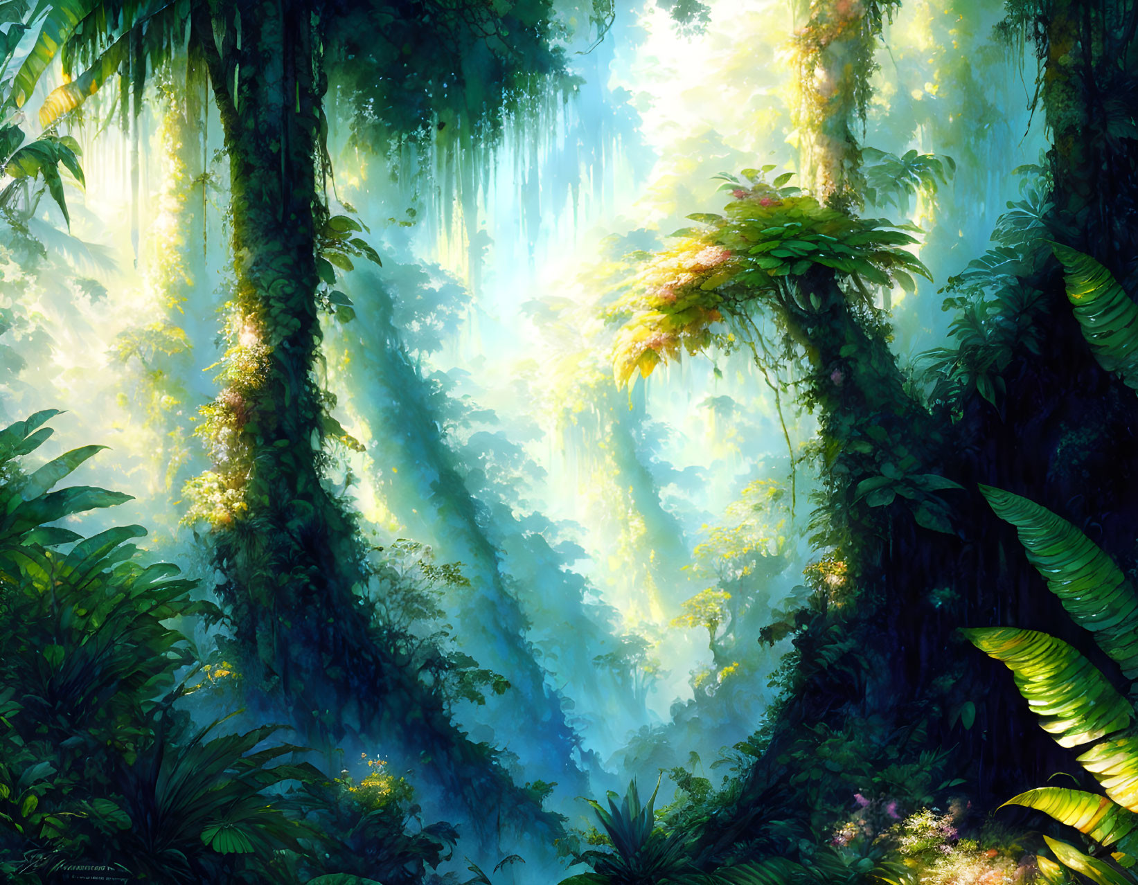 Serene forest scene with sunlight filtering through dense foliage