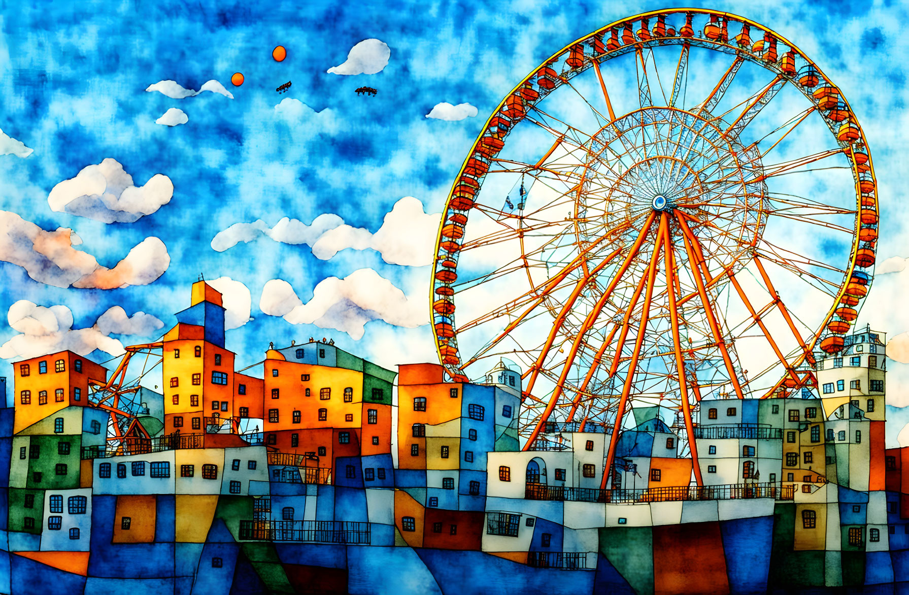 Vibrant Houses and Ferris Wheel in Colorful Painting