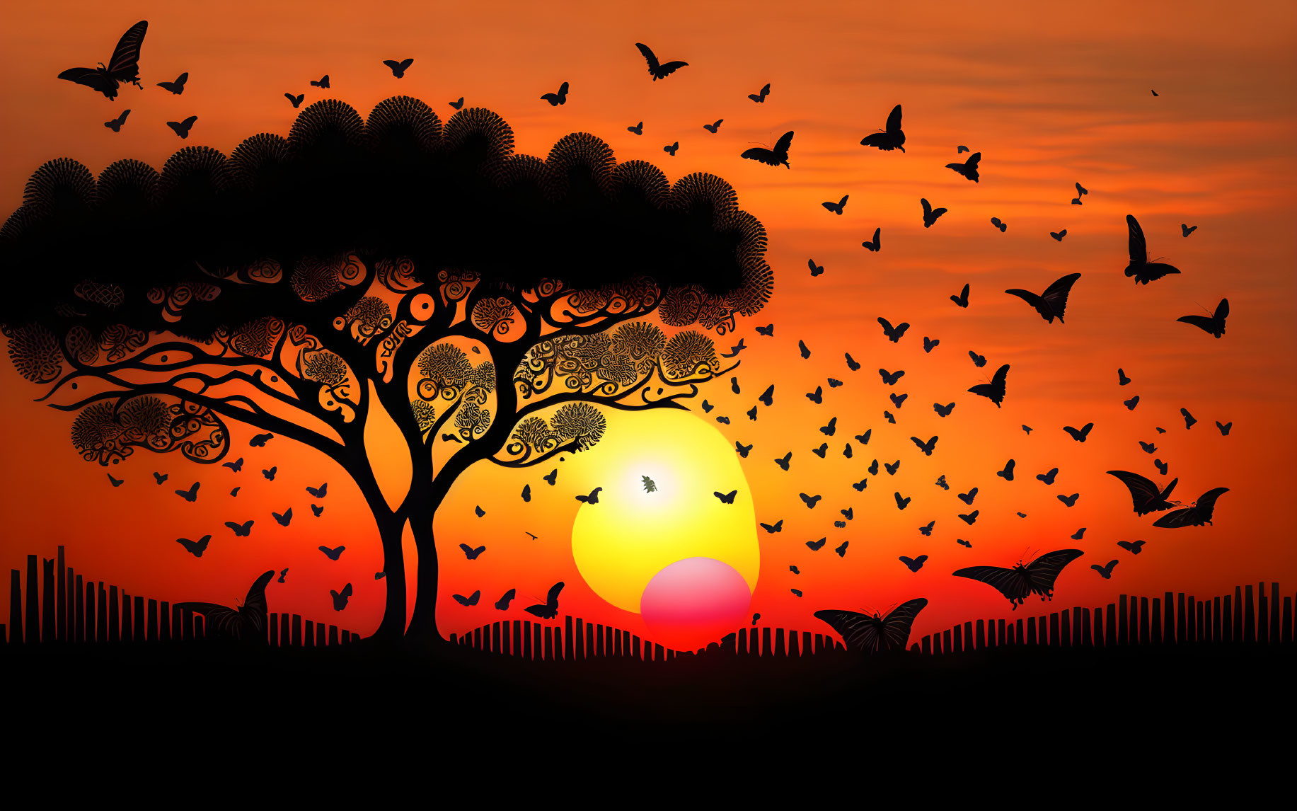 Tree silhouette and birds in vibrant orange sunset with partly obscured sun