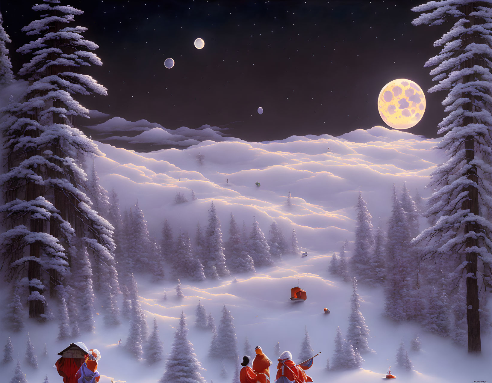 Snow-covered trees under starry sky with unique moon and figures on sleigh.