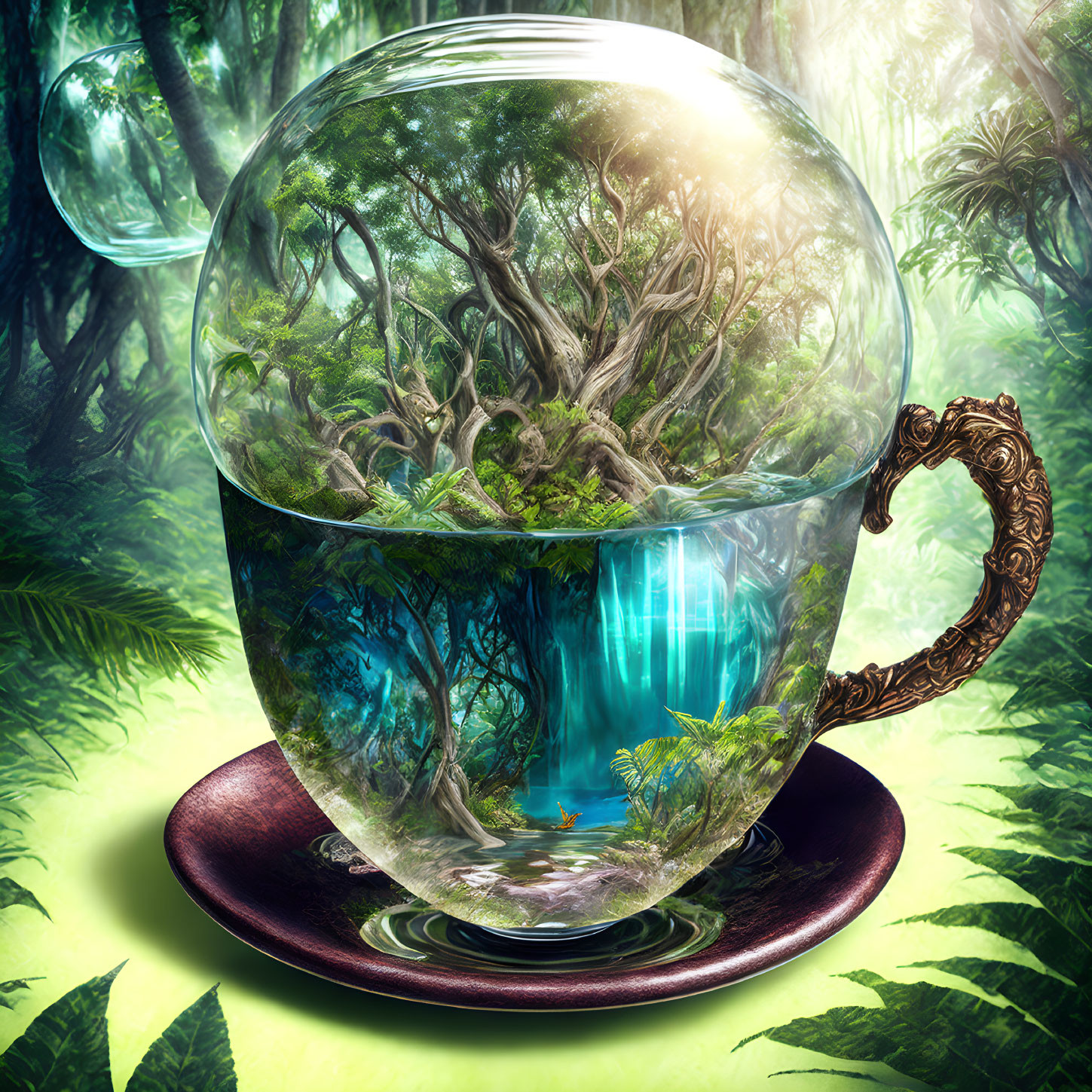 Fantastical image: Lush forest in transparent teacup surrounded by jungle.