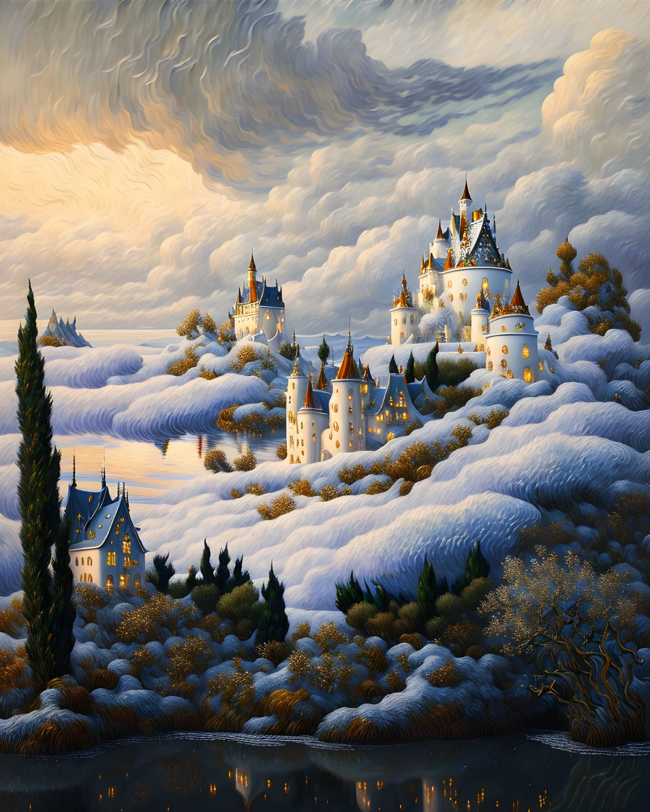 Whimsical castles on fluffy clouds with serene water and dramatic sky