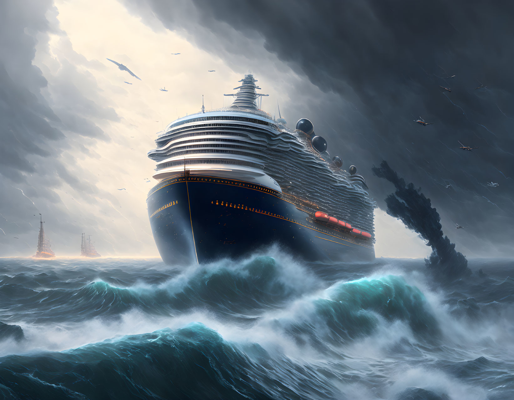 Stormy Seas: Large Cruise Ship Amid Turbulent Waters