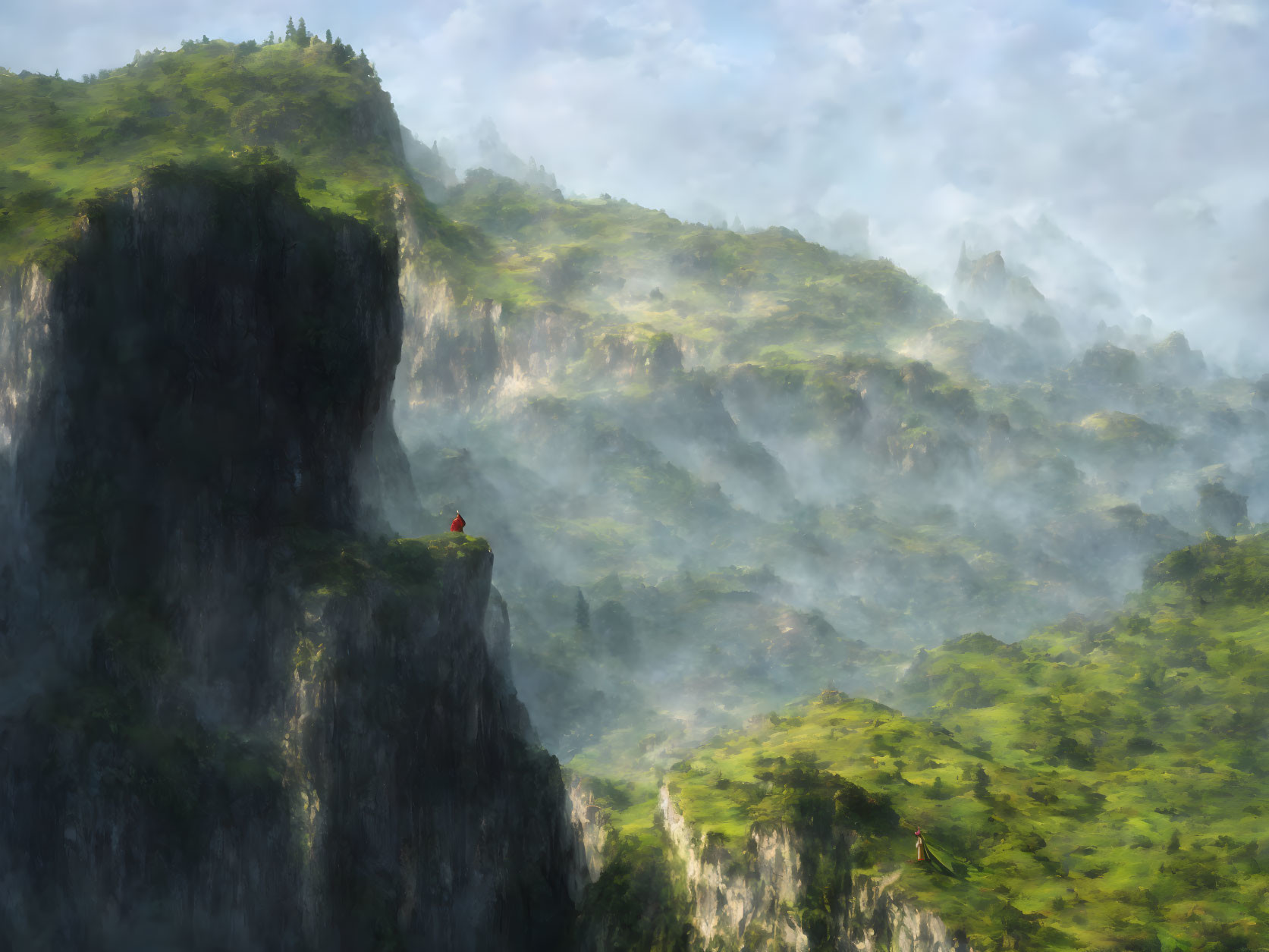 Majestic cliff, figure in red, misty hills in serene landscape