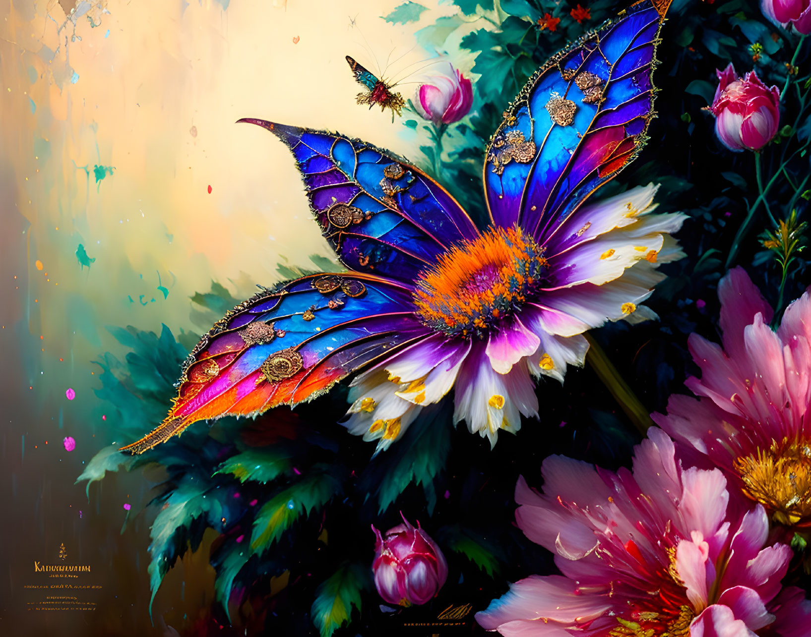 Colorful butterfly digital art with ornate blue wings on flower surrounded by blossoms