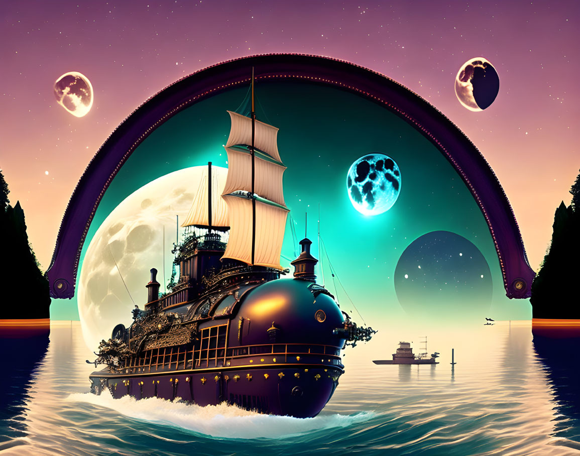 Fantastical steamship on serene sea with surreal sky and multiple moons.