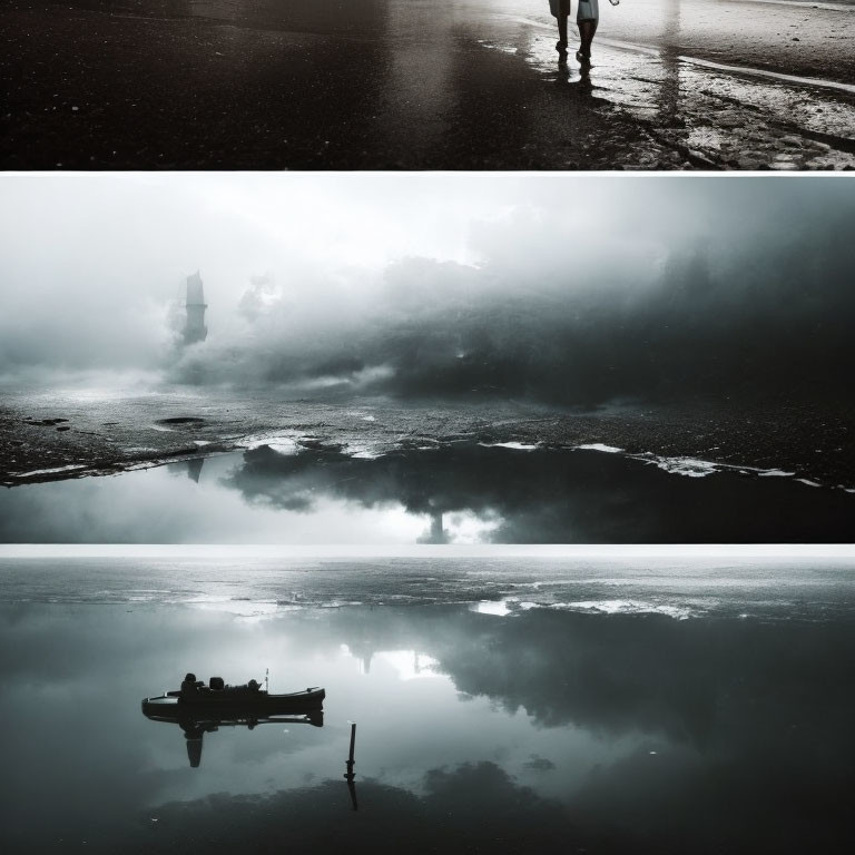 Monochrome images of silhouetted person in rain and serene lake with boat.