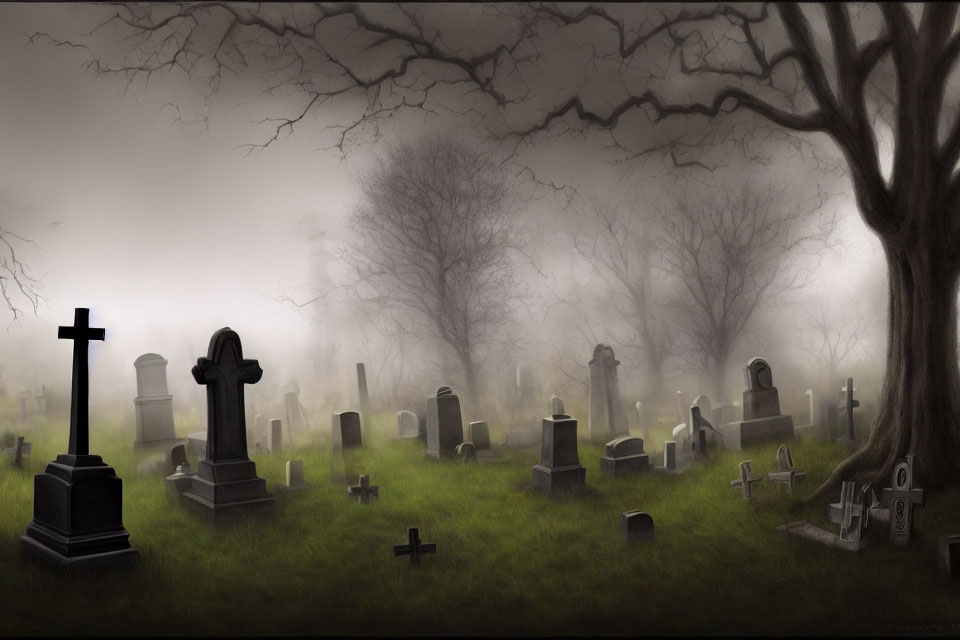 Misty graveyard scene with tombstones, crosses, and bare trees